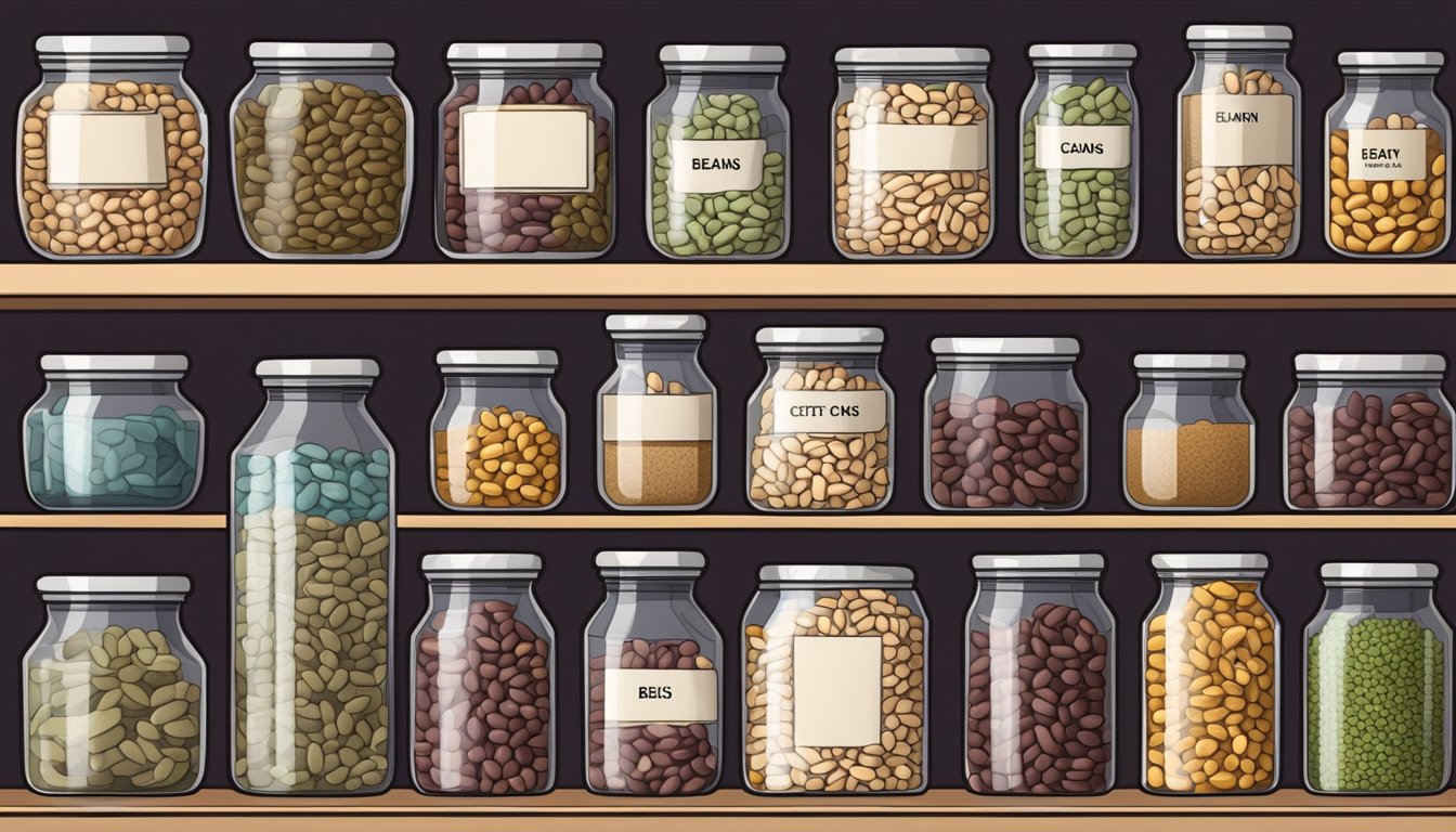 A pantry shelf filled with various types of dry beans in labeled containers, with a guidebook open nearby