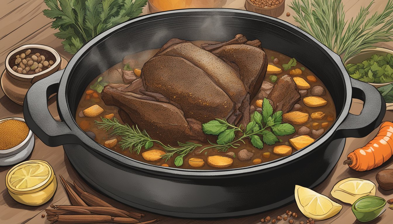 A cast iron pot filled with simmering braising liquid surrounded by Texas spices and herbs, with a tender cut of meat slowly cooking