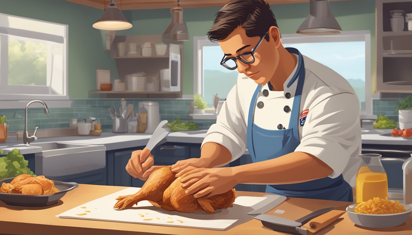 A chef using a sharp knife to break down a chicken on a clean, organized work surface in a Texas kitchen