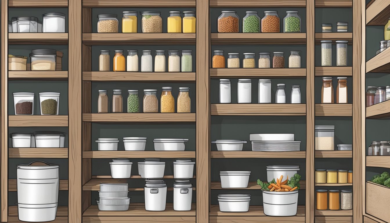 A well-organized pantry in Texas with labeled shelves and bins for dry goods, spices, and canned items