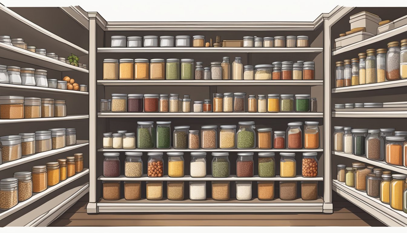 A spacious, well-organized pantry filled with shelves of neatly arranged canned goods, boxes of dry goods, and jars of spices and condiments