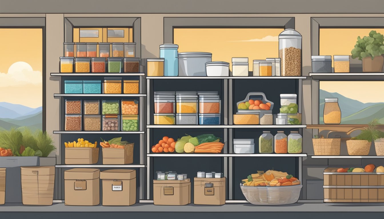 A well-organized pantry with labeled shelves and bins filled with essential food items and extra supplies, set against a backdrop of the Texas landscape