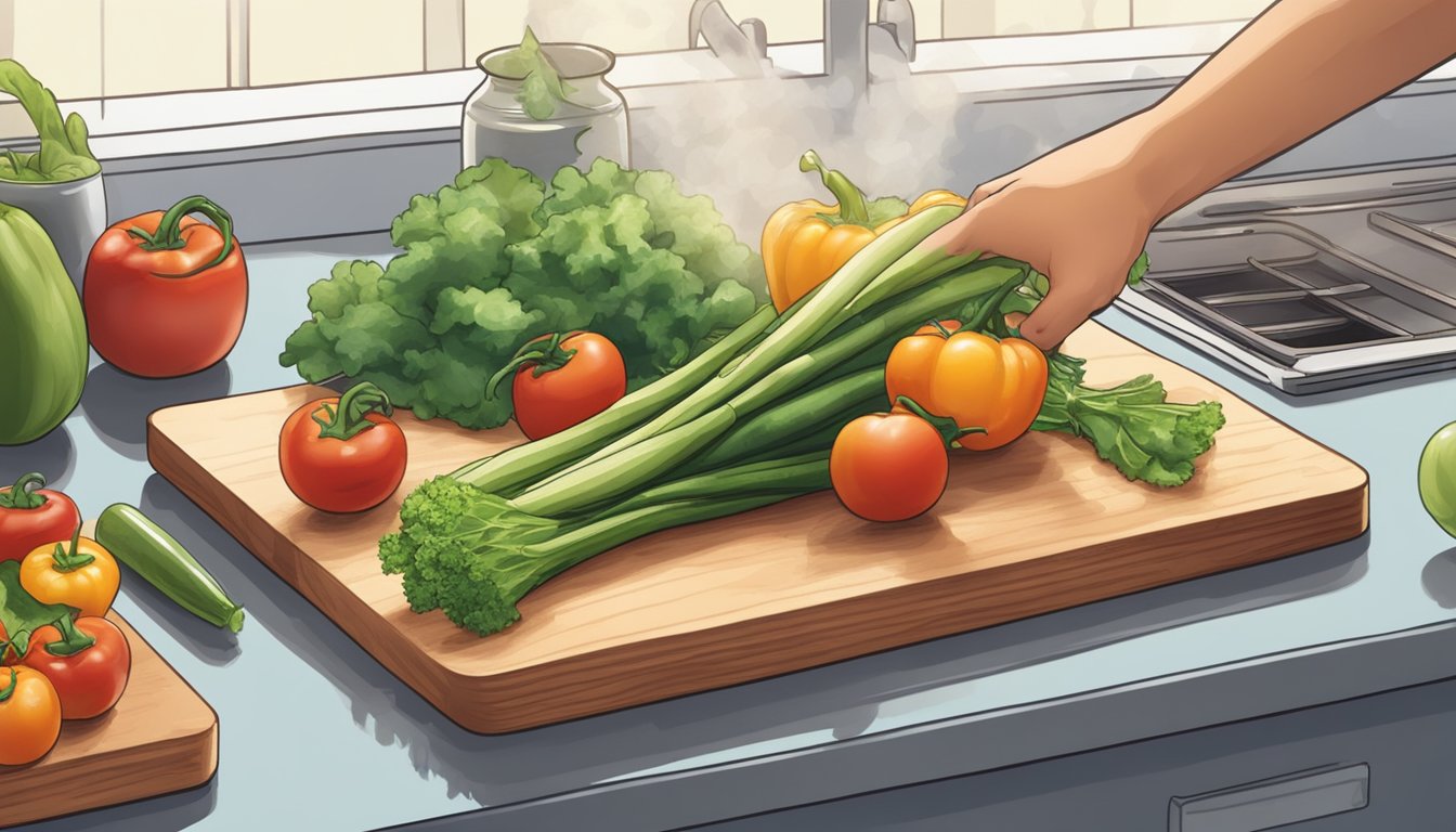 A hand reaching for fresh vegetables on a cutting board, with a pot of water steaming in the background