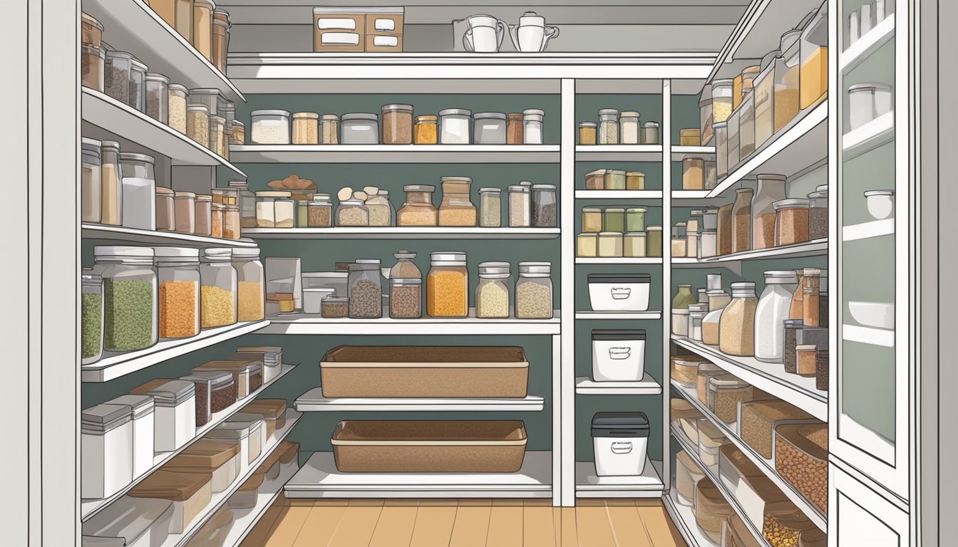 A spacious, well-lit pantry filled with neatly organized shelves of dry goods, spices, and baking essentials, with labeled containers and a clear layout for easy access