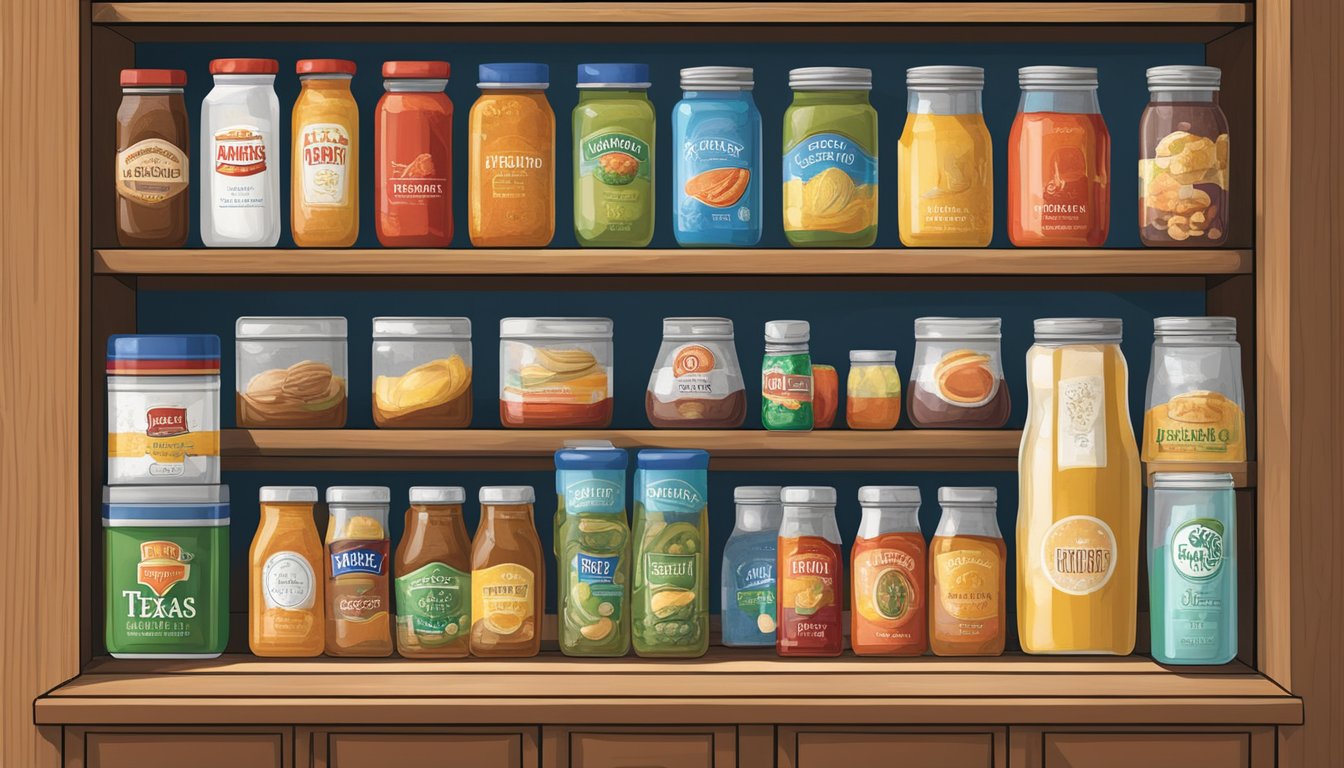 A fully stocked pantry shelf with a variety of condiments, sweeteners, and beverages neatly organized in Texas-themed containers