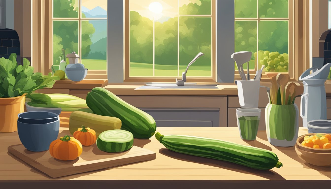 A kitchen counter with fresh zucchinis, a cutting board, and various cooking utensils. A window reveals a sunny Texas landscape