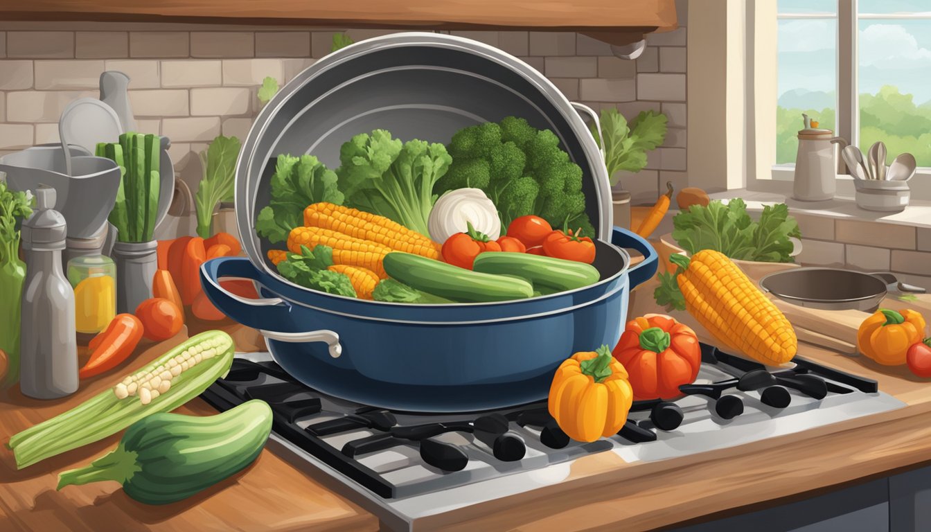 Fresh vegetables steaming in a pot on a stovetop, surrounded by a kitchen filled with cooking utensils and a Texas-themed decor