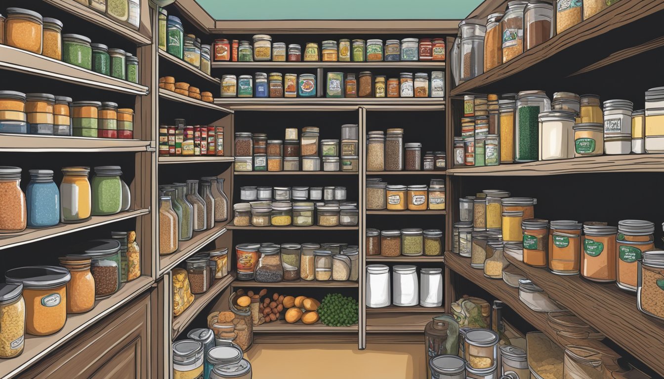 A well-stocked pantry in a Texas kitchen, filled with shelves of canned goods, spices, and local products