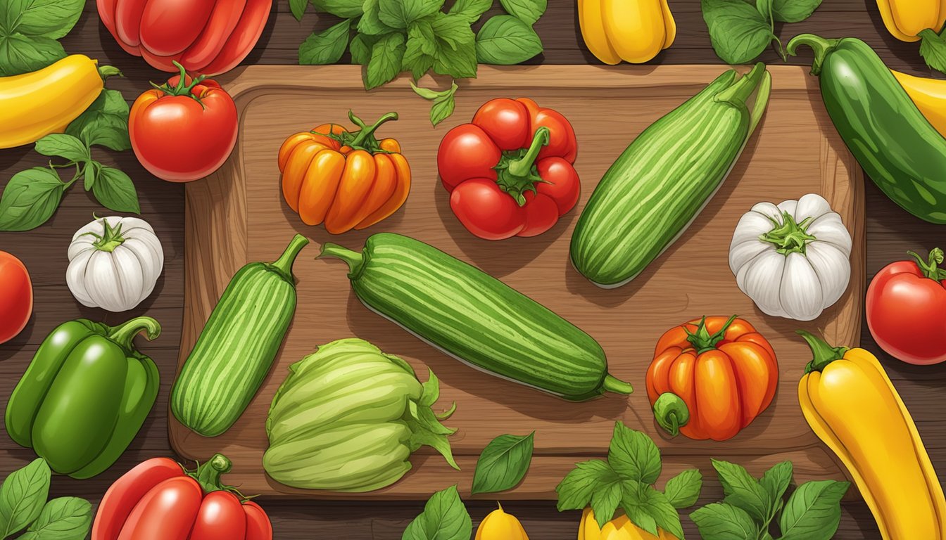 A colorful assortment of fresh zucchinis, bell peppers, and tomatoes displayed on a wooden cutting board, surrounded by scattered herbs and spices