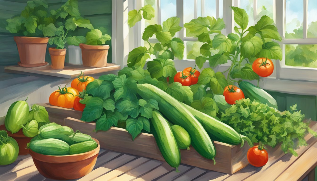 A bountiful Texas garden with vibrant green zucchinis, ripe tomatoes, and fragrant herbs. Sunlight filters through the leaves, highlighting the freshness of the produce