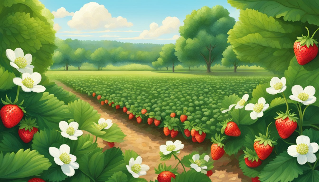 A lush Texas strawberry field with ripe, plump berries glistening in the sun, surrounded by vibrant green leaves and delicate white blossoms