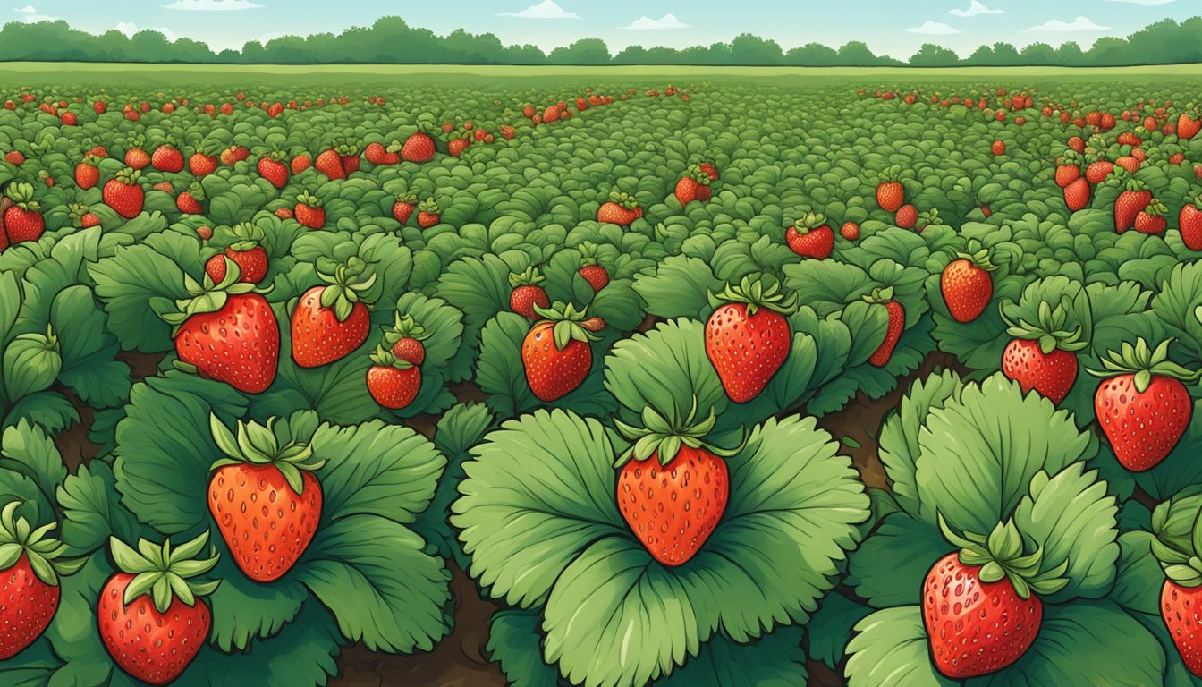 A lush strawberry patch in a Texas field, bursting with big, juicy, and super sweet strawberries ready for picking