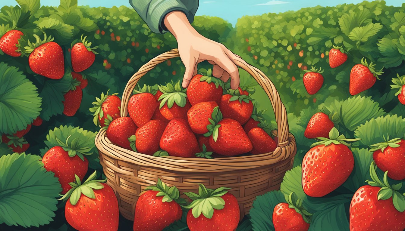 A hand reaching for a basket of ripe, red strawberries in a lush Texas strawberry field