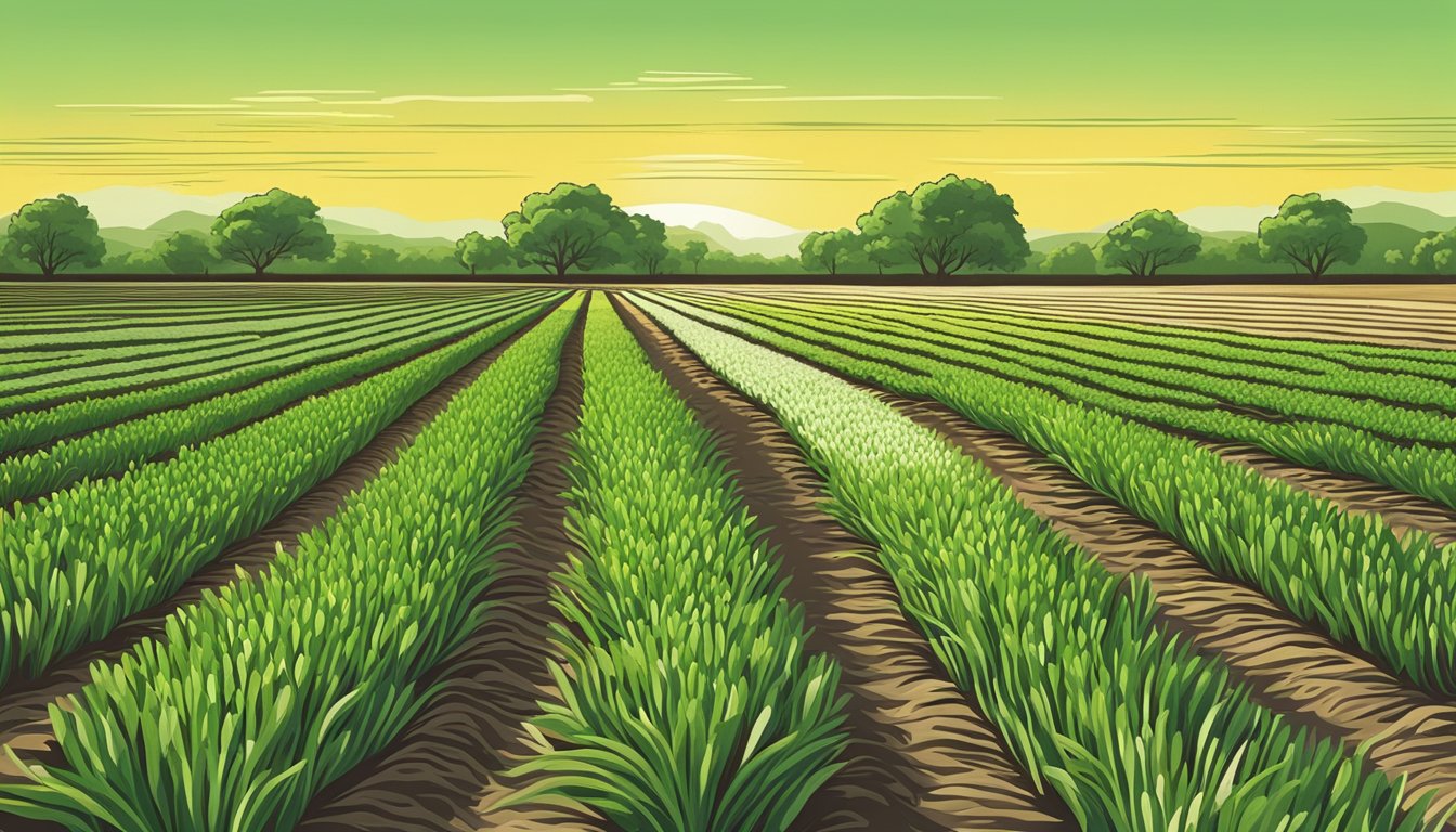 A lush Texas field with rows of green onion plants under a bright sun. Onions of various sizes and colors are ready for harvest