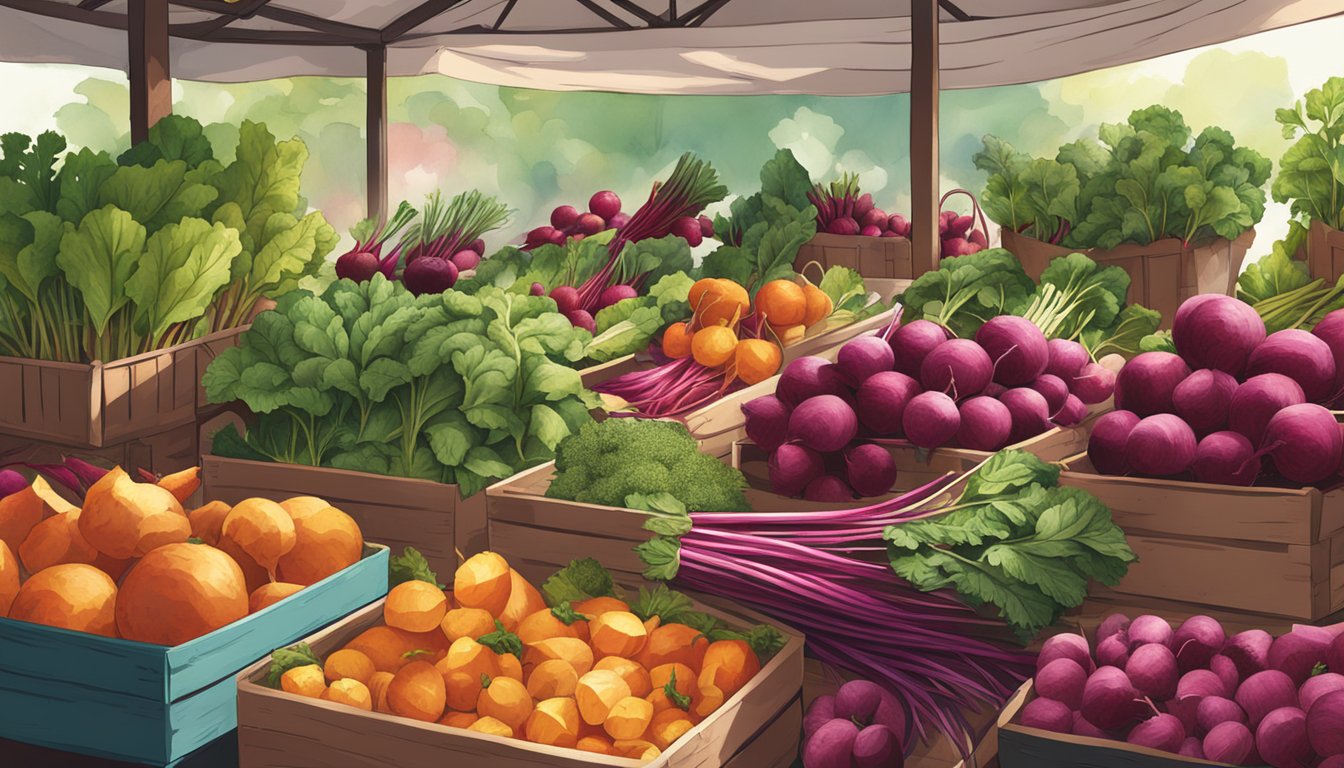 A farmer's market stall overflowing with vibrant, earthy beets, surrounded by baskets of fresh herbs and other seasonal produce