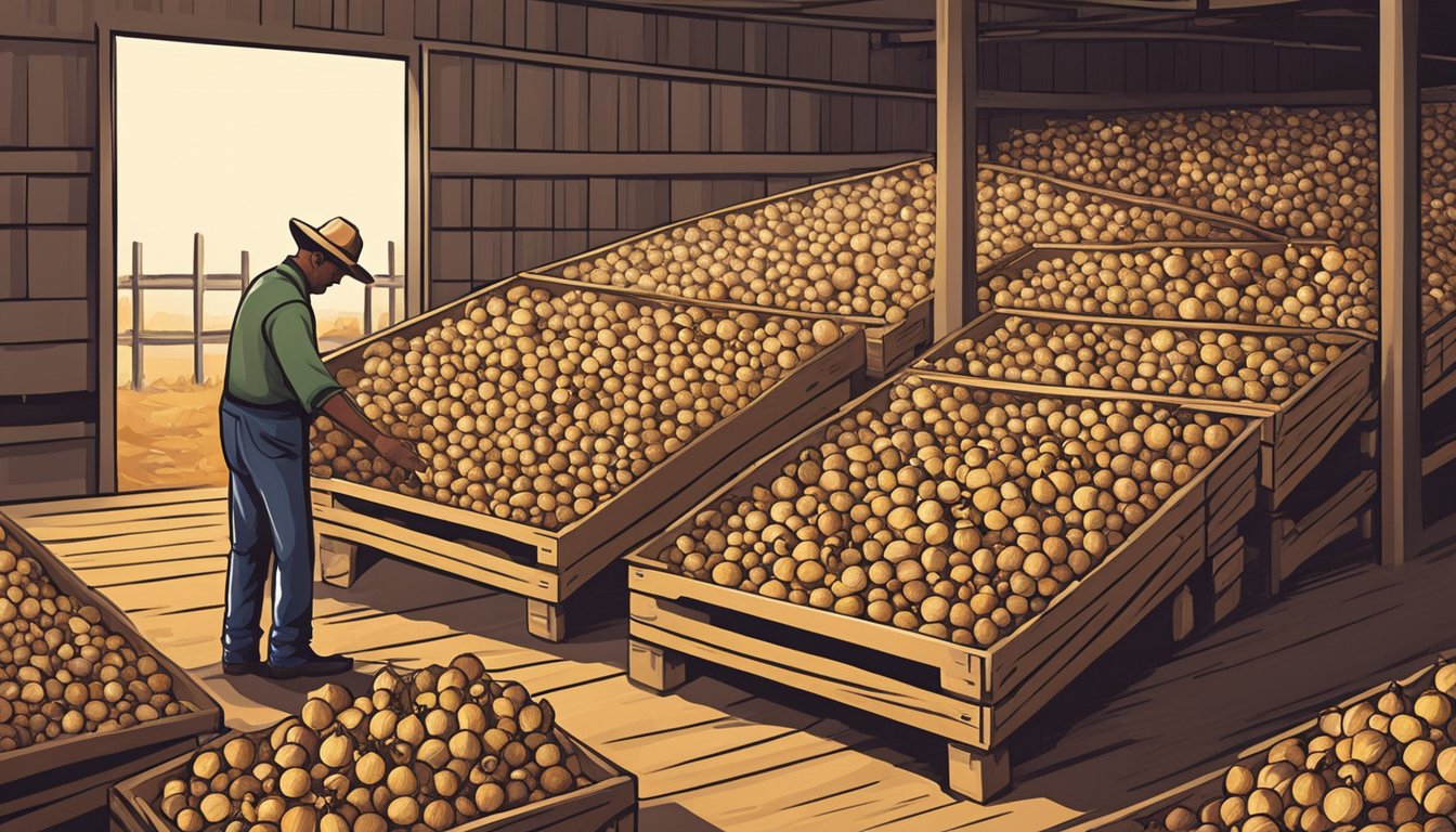 A farmer in Texas carefully storing freshly harvested onions in a cool, dry storage area. A variety of onion types are neatly organized in crates, ready for market