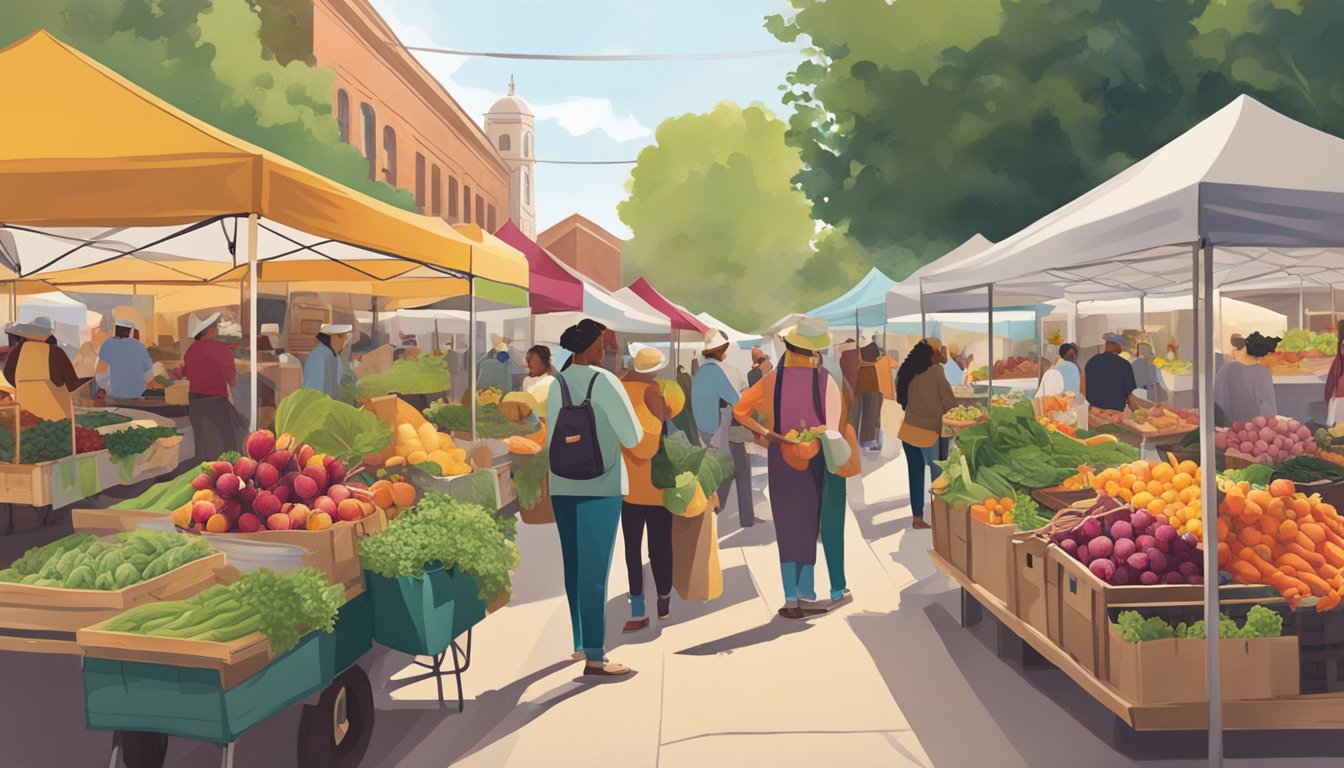 A bustling farmers' market in Texas, filled with vibrant, earthy beets and other seasonal produce. Shoppers engage with local vendors, promoting sustainable practices and community impact