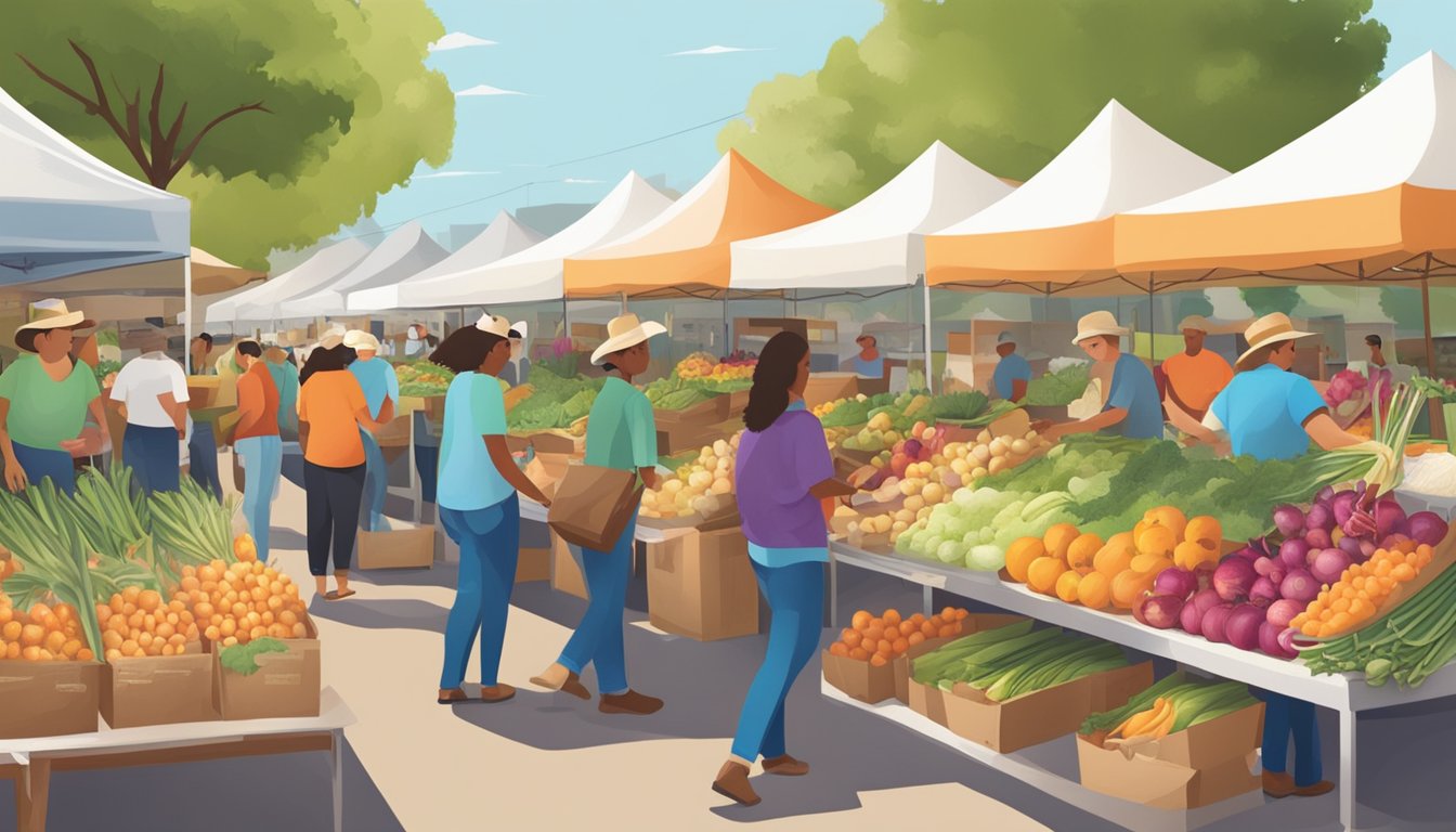 A bustling Texas farmers' market with colorful displays of fresh, locally-grown onions and informative signs about their types, benefits, and nutrition