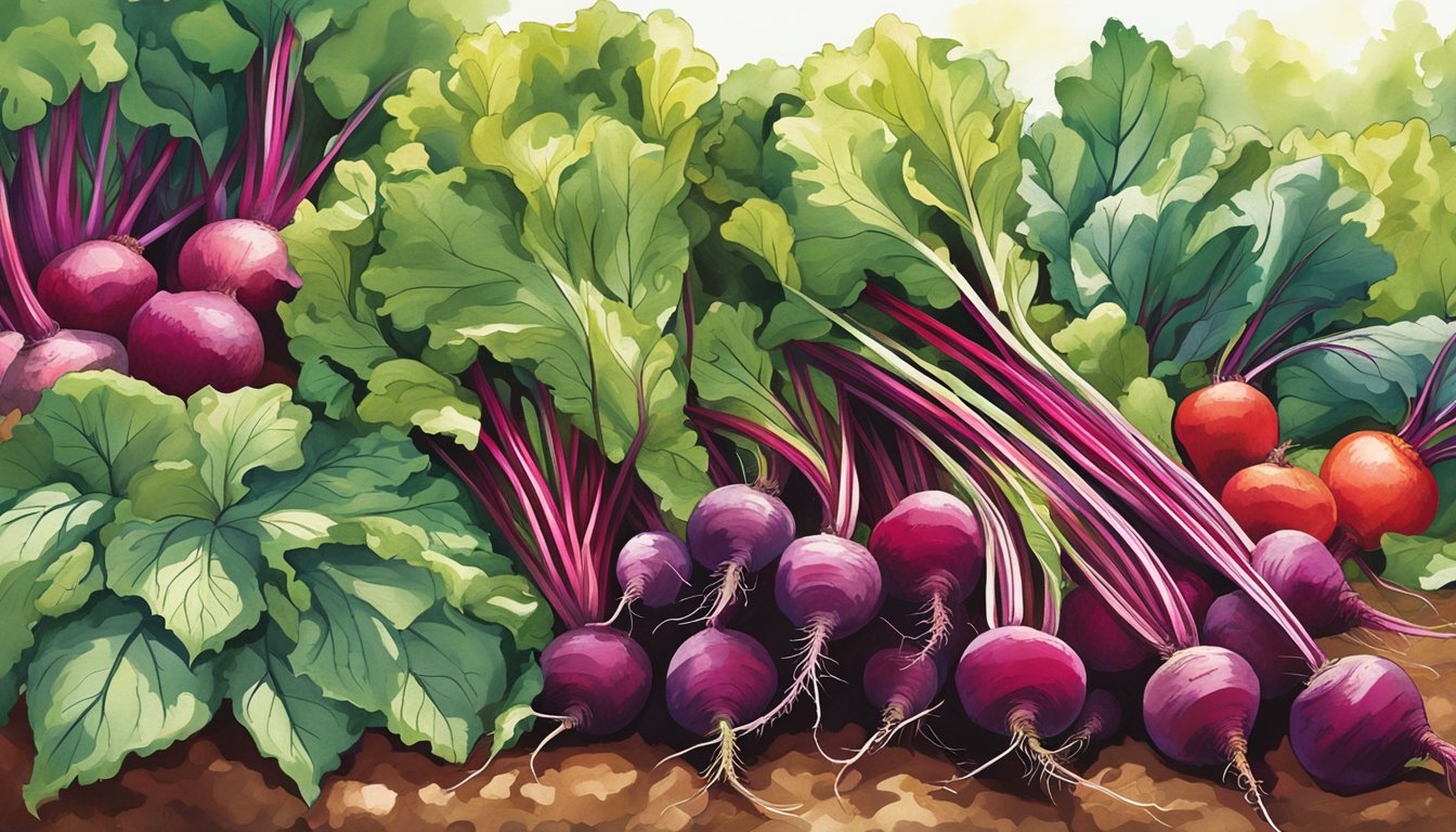 A bountiful garden bed bursting with vibrant, earthy beets in various shades of deep red and rich purple, surrounded by lush green foliage under the warm Texas sun