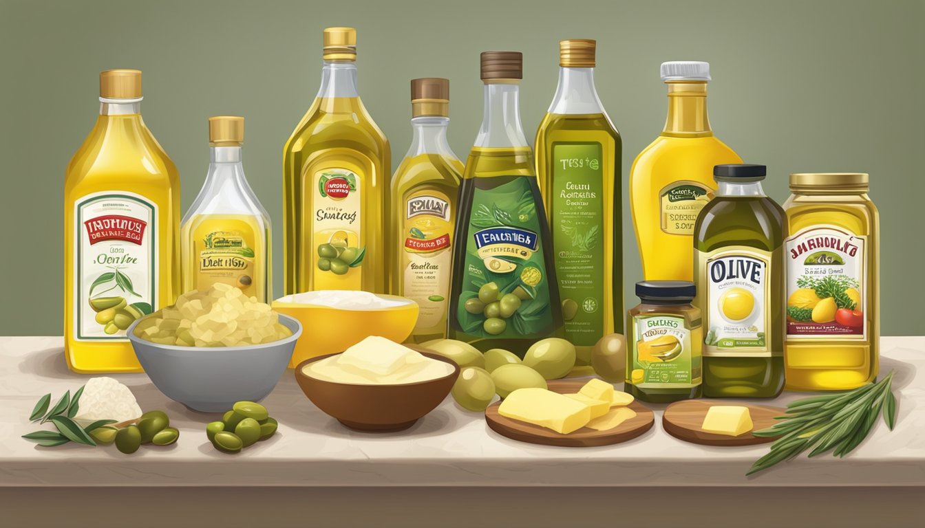 A variety of cooking fats and oils, including olive oil, butter, and vegetable oil, arranged on a kitchen counter in Texas