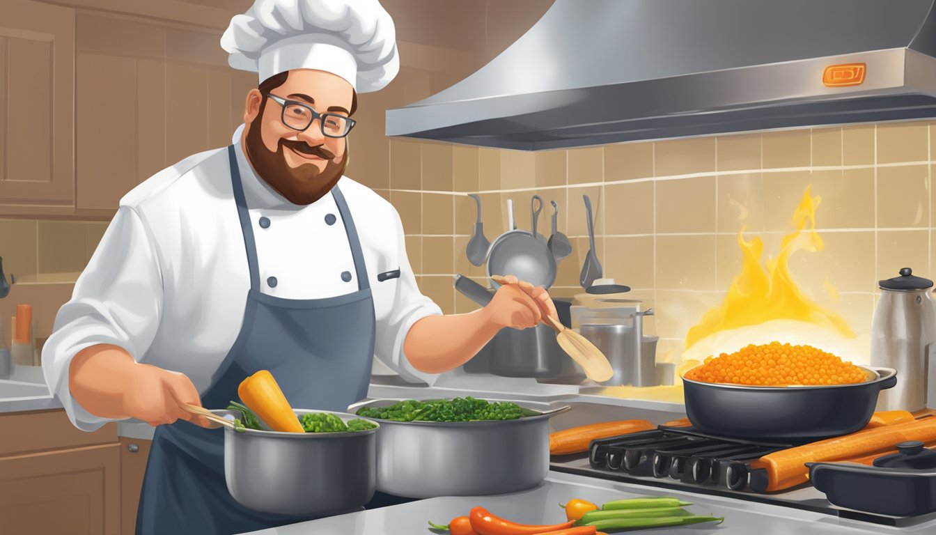 A chef in Texas sautéing vegetables in a sizzling pan of cooking oil, while a jar of rendered fat sits on the counter