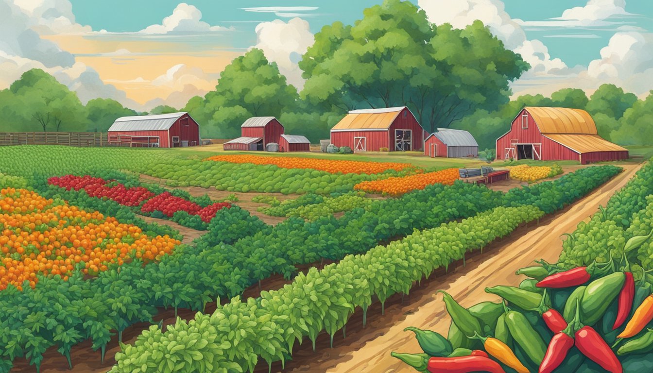 A vibrant Texas farm scene with shishito pepper plants in full bloom, surrounded by other locally grown produce