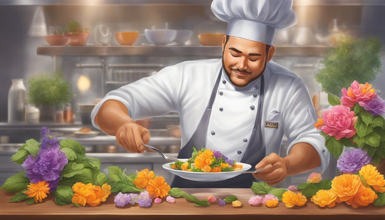 A chef in Texas delicately places vibrant edible flowers onto a beautifully plated dish, adding a pop of color and unique flavor to the culinary creation