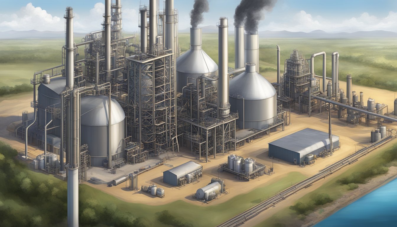 A large oil refinery in Texas, with towering metal structures, pipelines, and storage tanks. Smoke billows from the machinery as the oils and fats are processed and refined