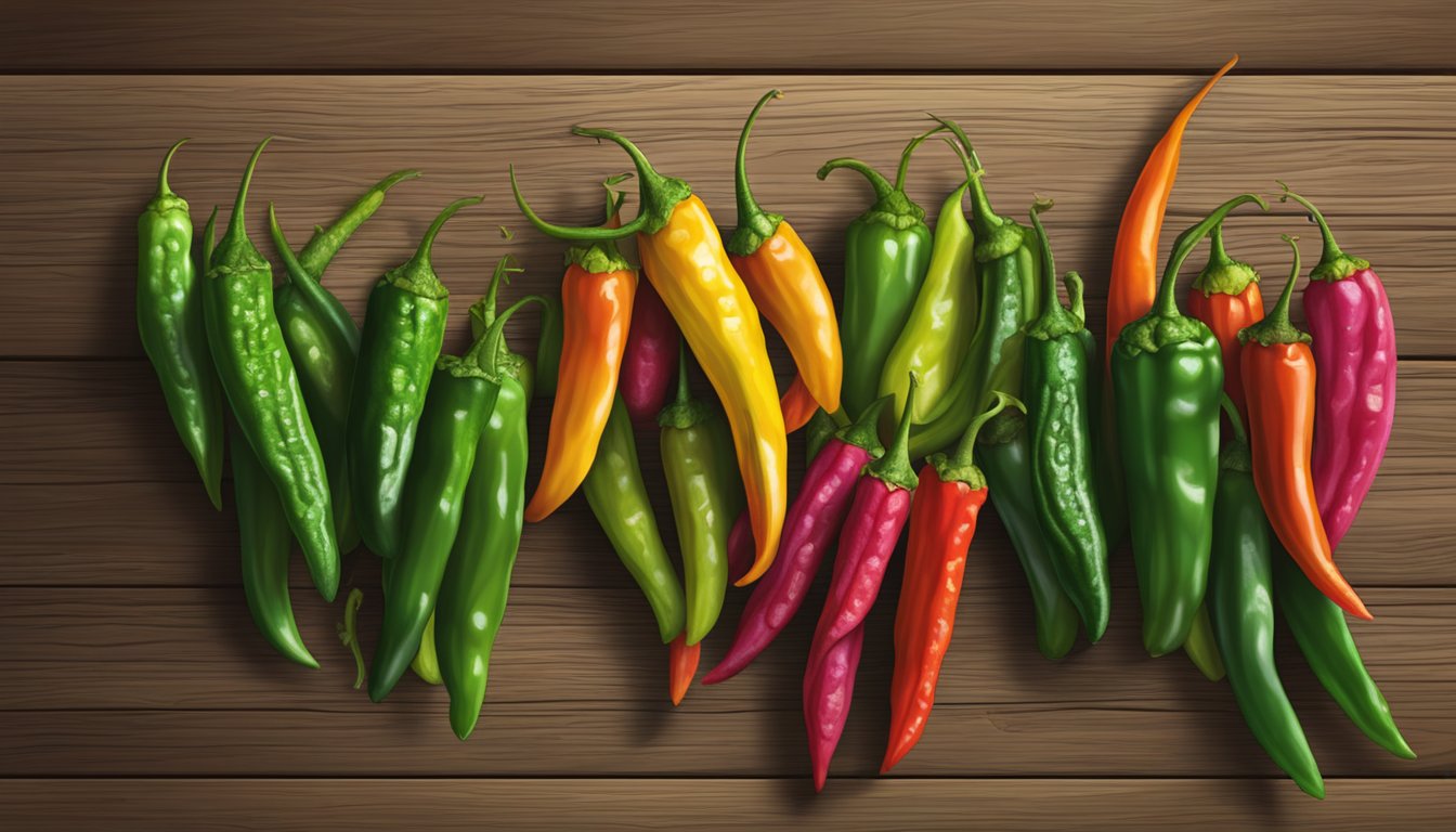 A colorful array of shishito peppers, alongside other varieties, displayed on a rustic wooden table at a farmers market in Texas