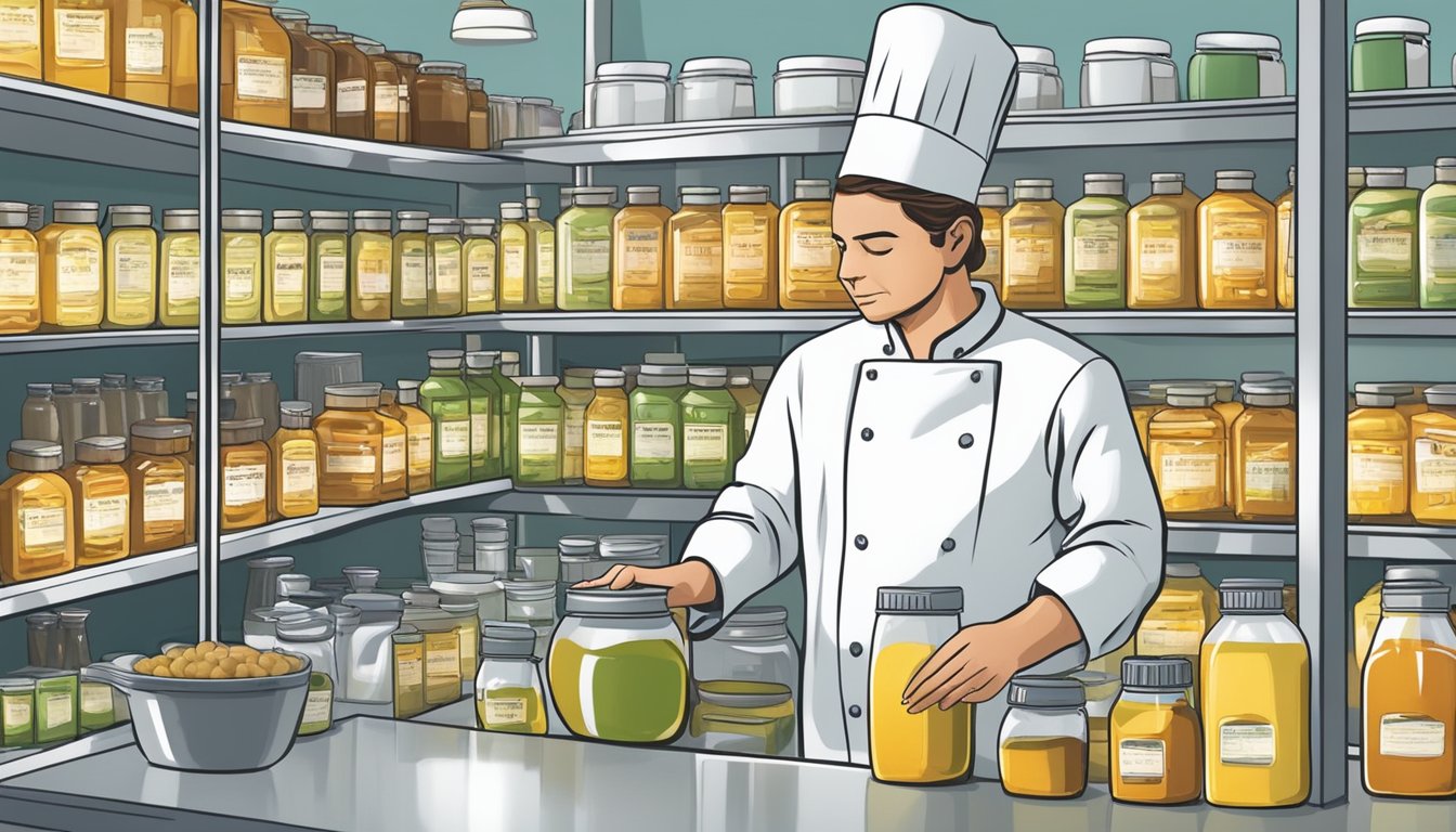 A chef carefully labeling various containers of cooking oils and fats in a commercial kitchen, with a focus on regulatory and quality considerations in Texas