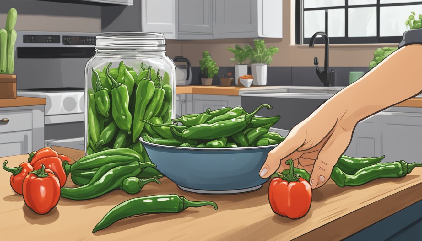 A hand reaching for a bowl of shishito peppers, with a kitchen counter lined with fresh produce and a jar of pickling liquid in the background