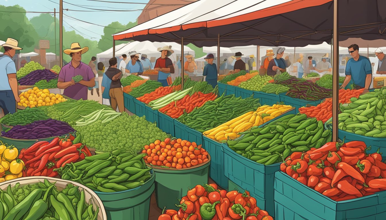 A bustling Texas farmers market with vibrant shishito peppers piled high on tables, surrounded by other colorful, seasonal produce