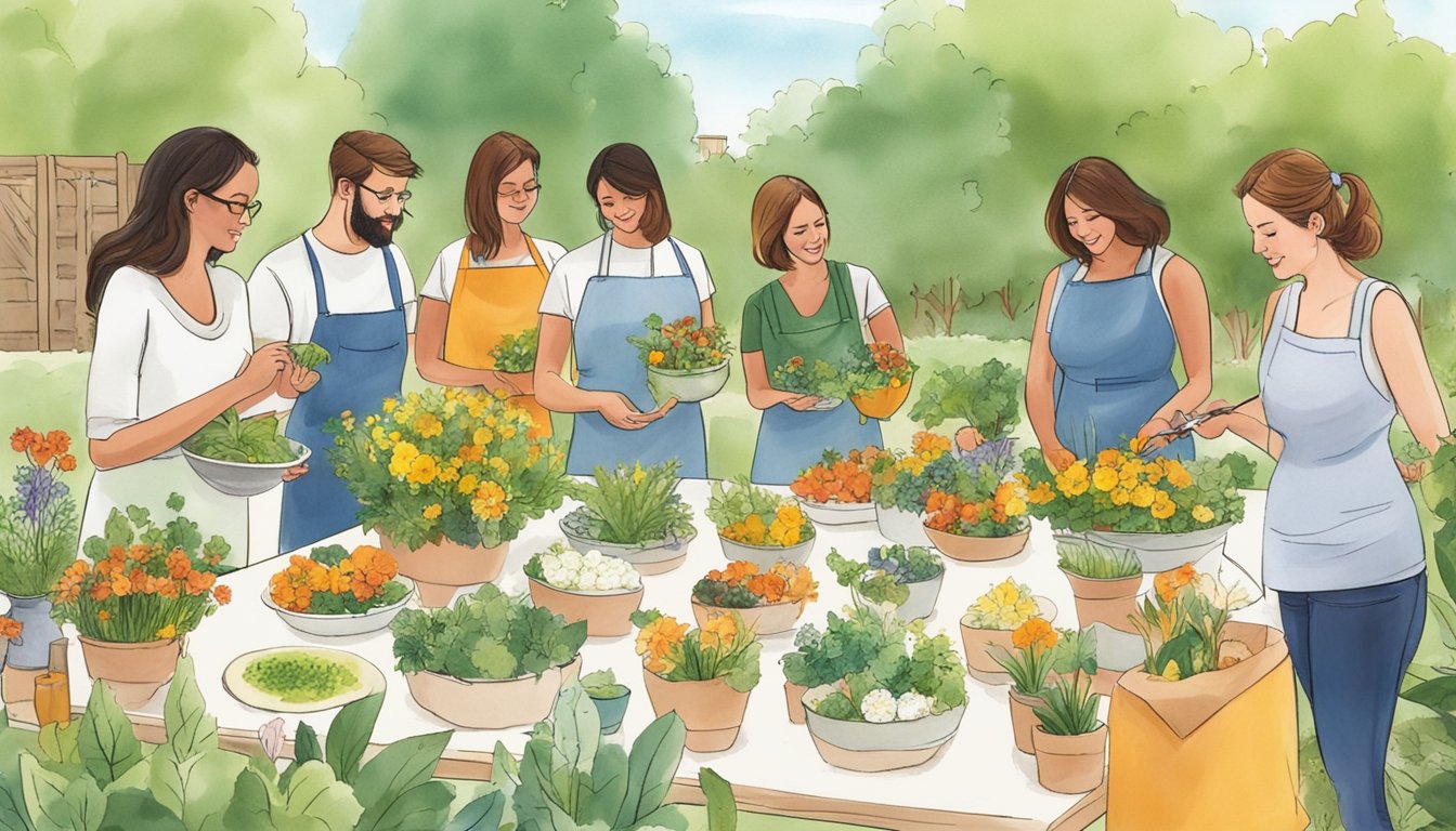 A group of people attending a workshop in a garden, learning about the educational aspects of using edible flowers in Texas. The instructor demonstrates how to incorporate the flowers into various dishes