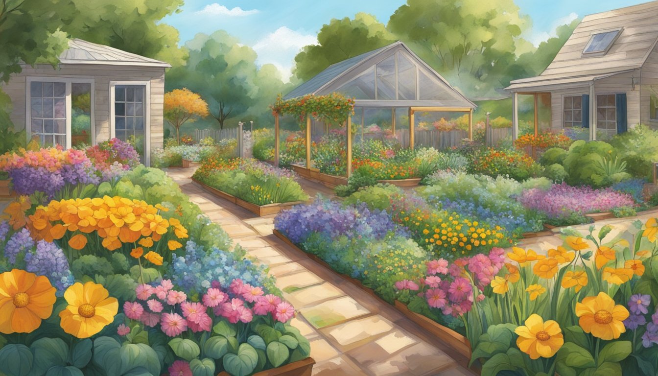 A sunny Texas garden, filled with vibrant edible flowers being carefully cultivated and nurtured by a dedicated gardener