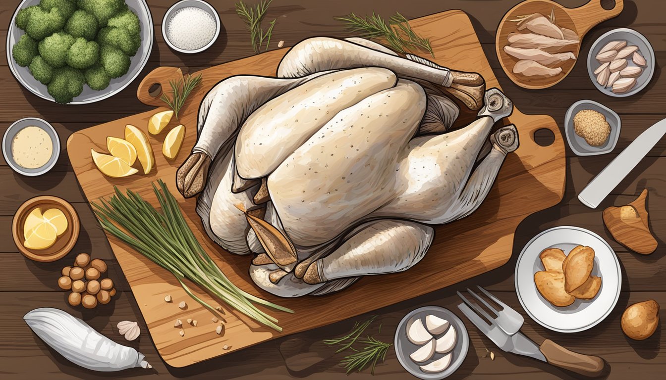 A whole chicken surrounded by various cuts, including breasts, thighs, wings, and drumsticks, displayed on a wooden cutting board