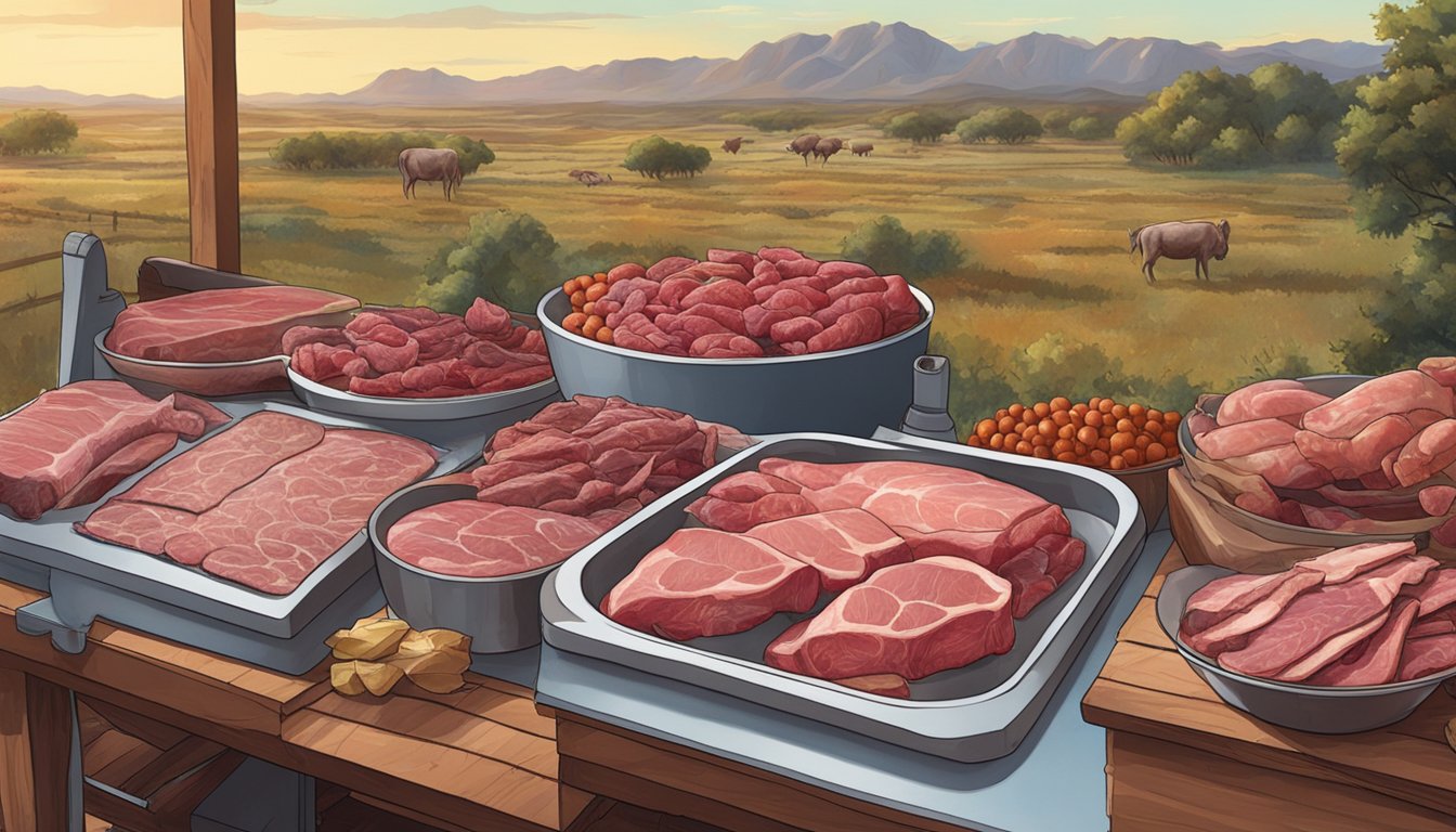 A butcher's table filled with various organ meats, surrounded by Texas landscape