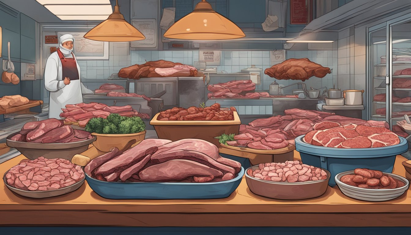 A butcher's table piled high with various organ meats, including liver, heart, and kidneys, with a Texas flag hanging in the background