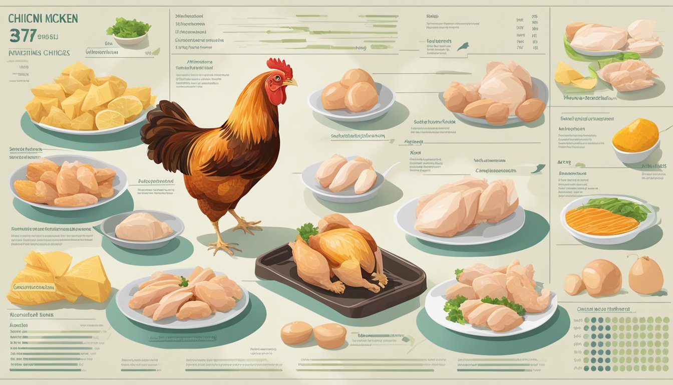 A table with various cuts of chicken arranged neatly, surrounded by labeled nutritional information charts