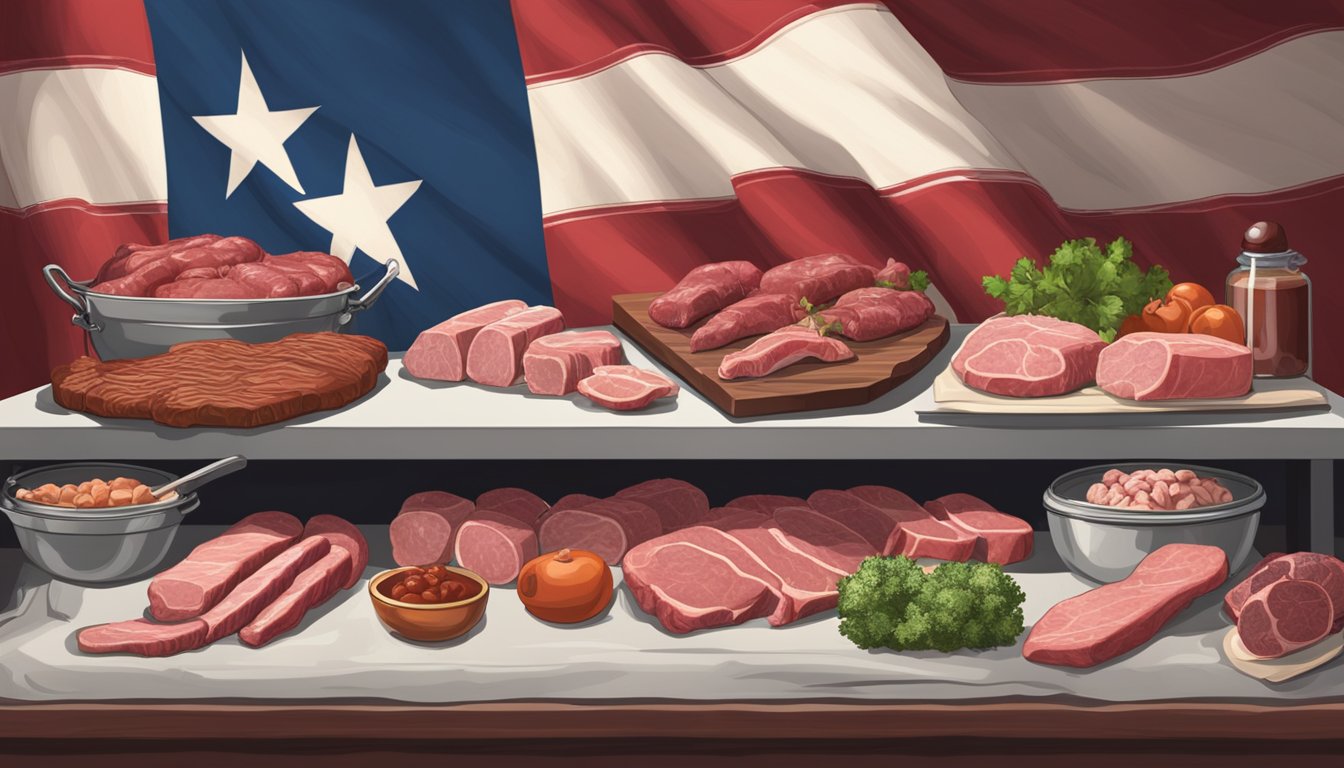 A butcher's table with various organ meats, including liver, heart, and kidneys, arranged in a display. A Texas flag hangs in the background