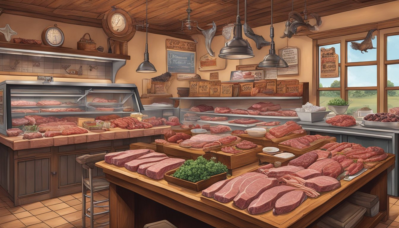 A butcher's table displays a variety of organ meats, from liver to heart, surrounded by Texas-themed decor