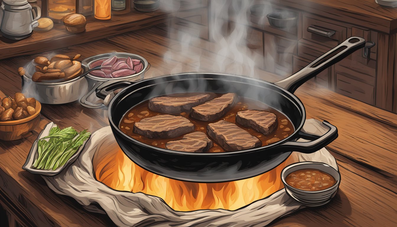 A sizzling skillet of organ meats and rich broths simmering over an open flame in a rustic Texas kitchen