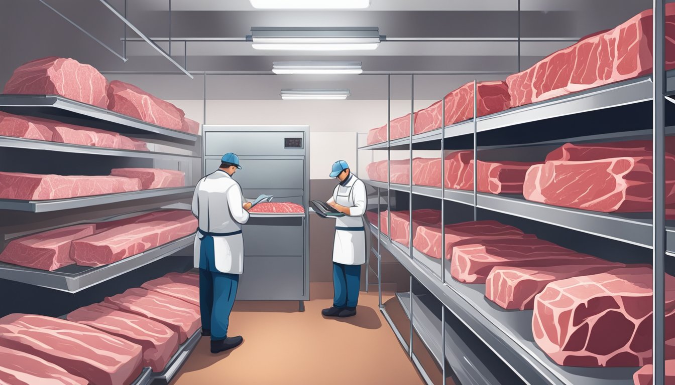 A butcher carefully inspects and labels graded beef in a cold storage room, surrounded by shelves of neatly organized cuts