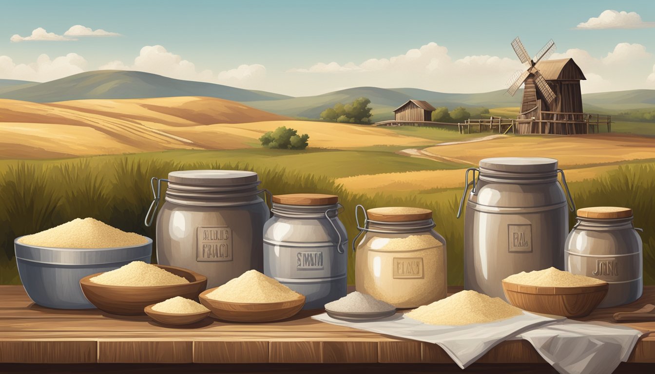 A rustic wooden table with various types of flour in vintage sacks and jars, set against a backdrop of a Texas landscape with rolling hills and a lone windmill