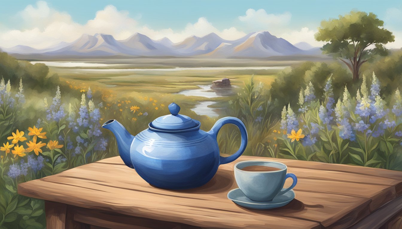 A serene Texan landscape with a rustic teapot, steaming cup, and native wildflowers