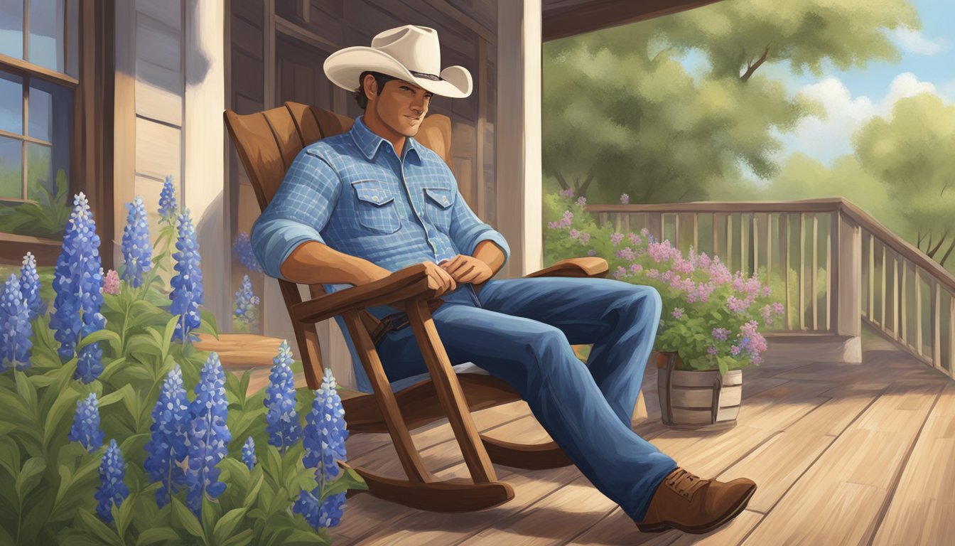 A cozy Texan porch with a steaming cup of tea, surrounded by blooming bluebonnets and a cowboy hat resting on a wooden chair