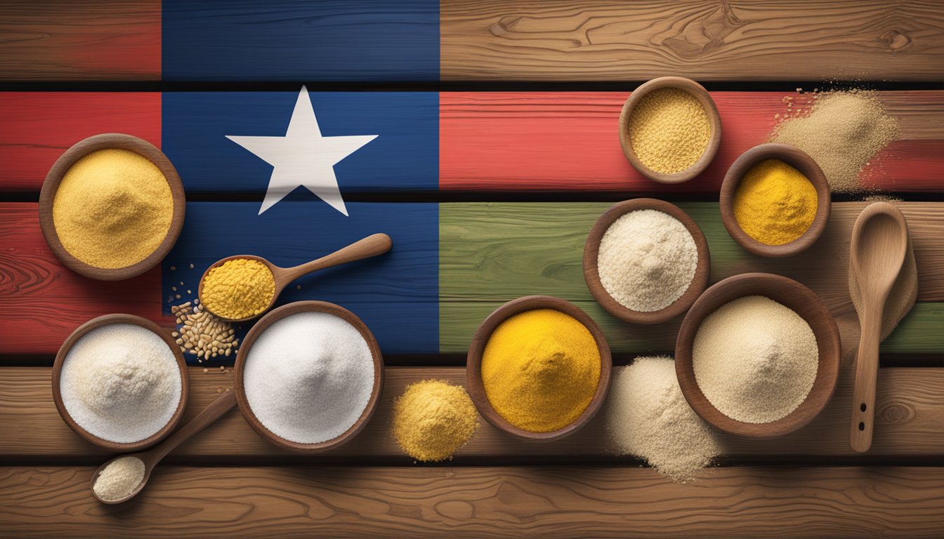 A colorful array of various flours, including cornmeal, wheat, and masa, displayed on a rustic wooden table with a Texas flag in the background