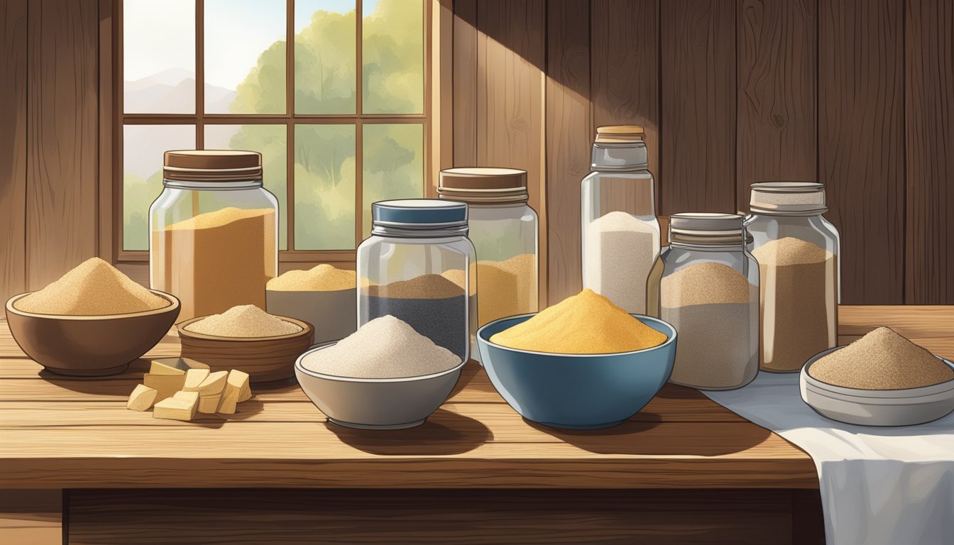 A variety of flours displayed on a rustic wooden table, with labels indicating their properties. Sunlight streaming in through a nearby window illuminates the scene