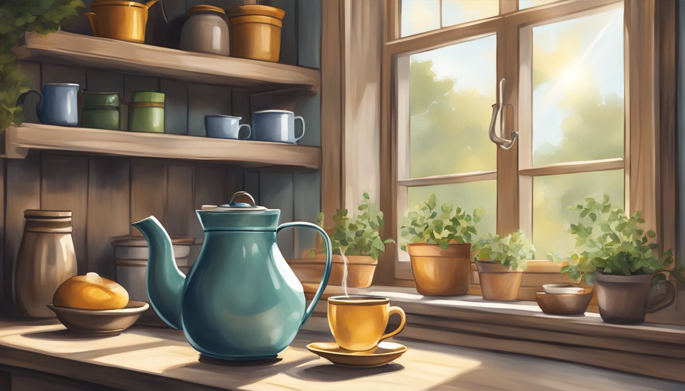 A rustic Texas kitchen with a steaming teapot, a cozy mug, and a sunlit window