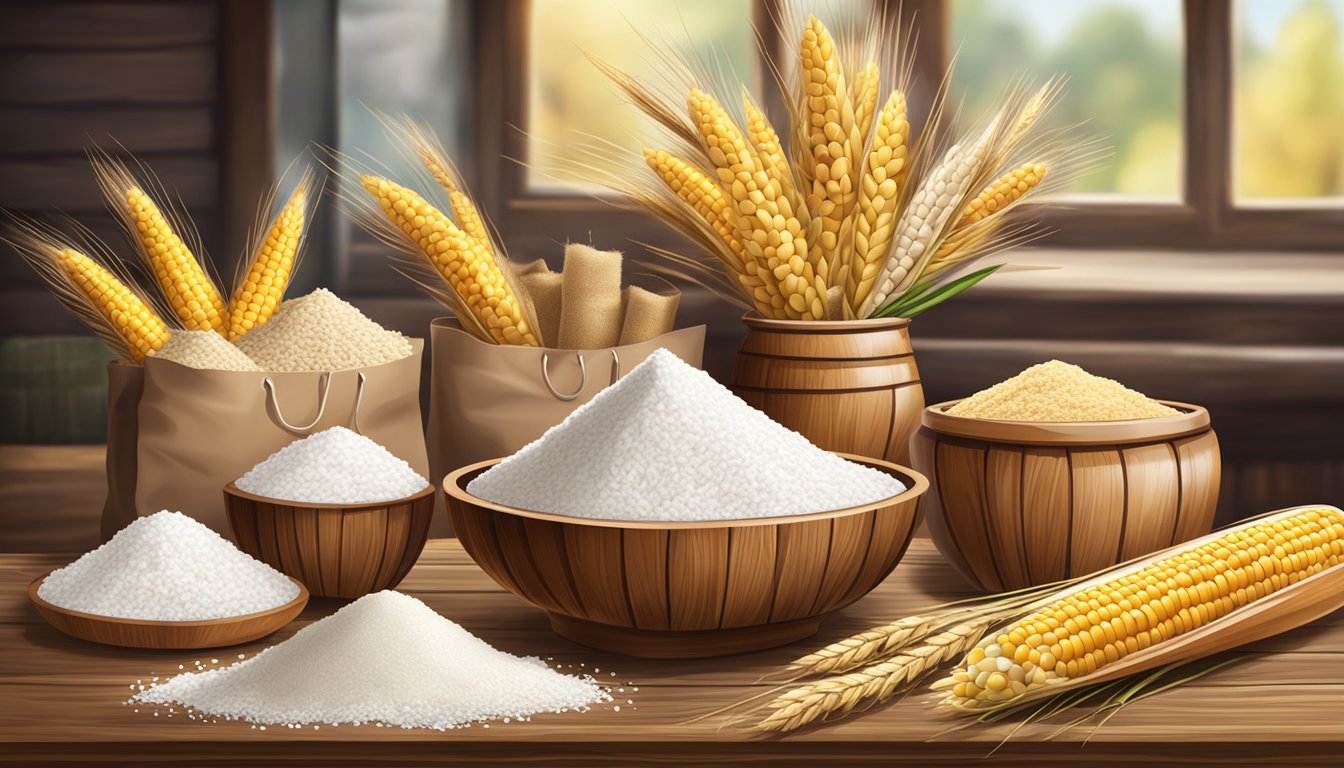 A rustic wooden table with various bags of flour, surrounded by fresh ingredients like wheat, corn, and rice