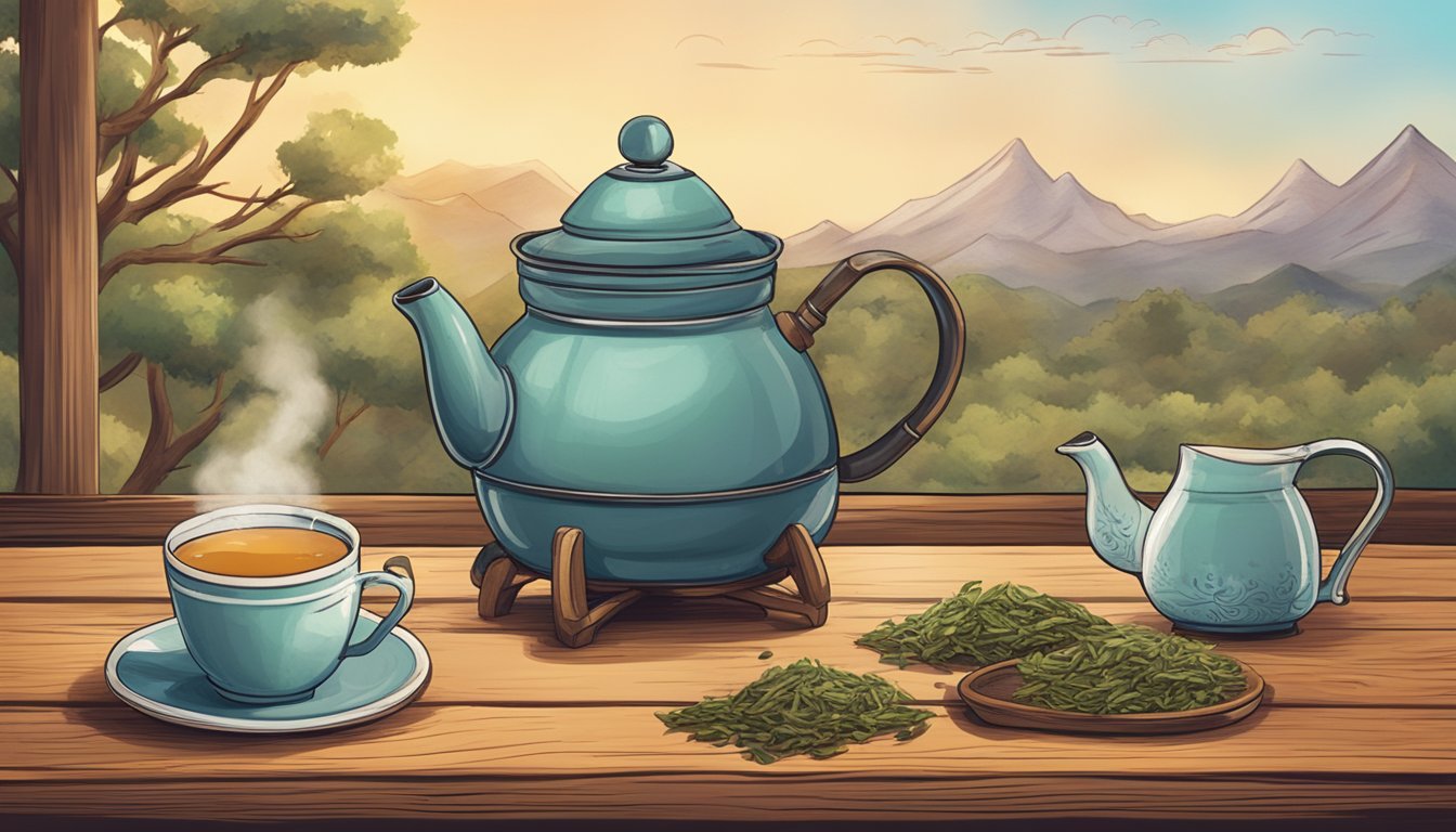 A rustic wooden table with a steaming teapot, a selection of tea leaves, and a cozy Texas backdrop